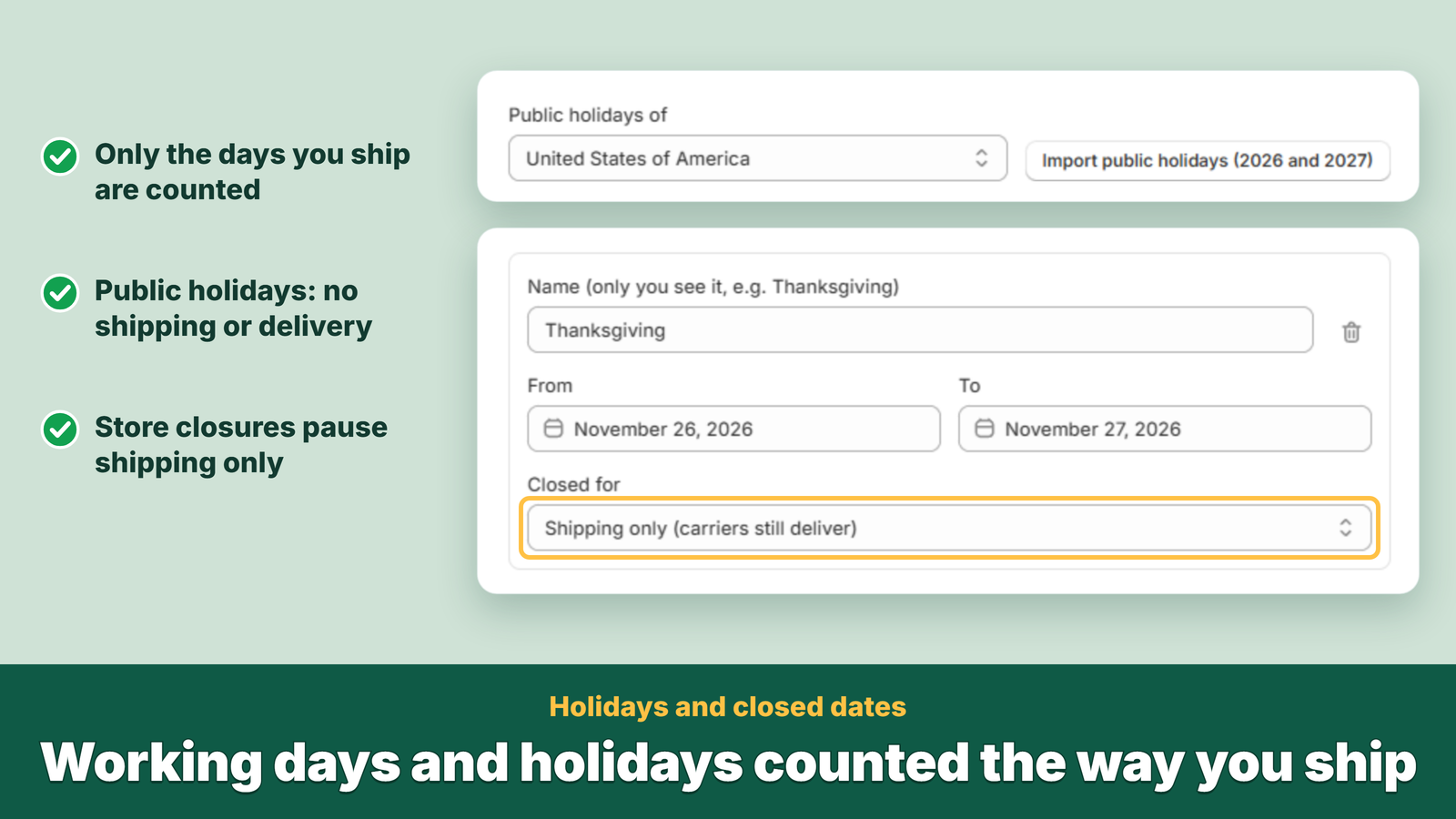 Holiday import by country; a store closure set to shipping only