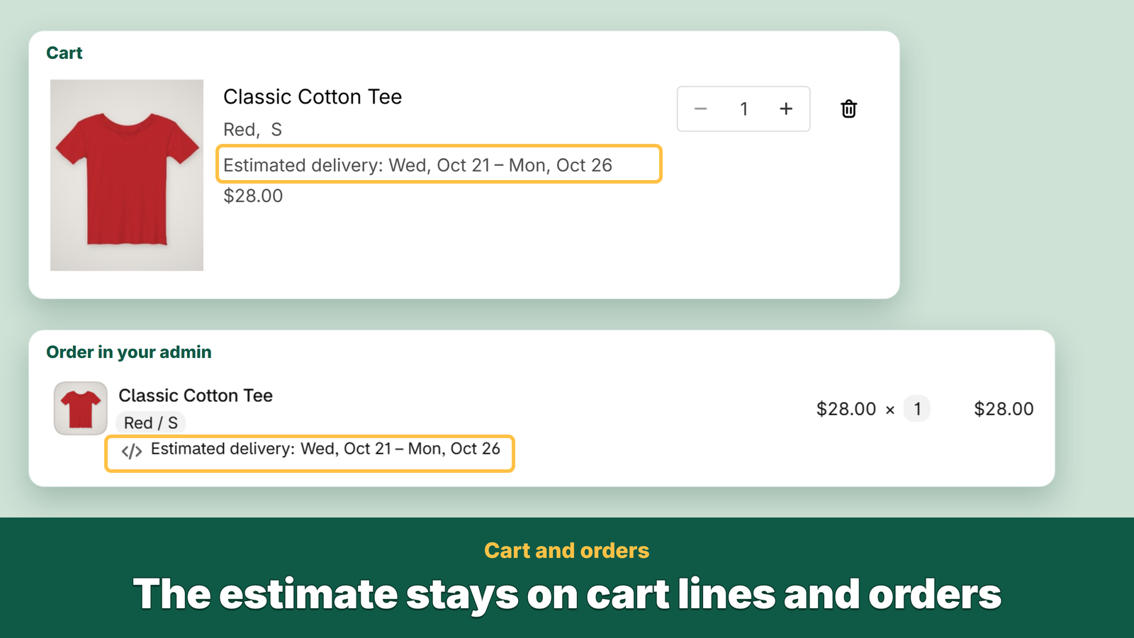 The same tee in the cart and the order: arrives Oct 21 - Oct 26