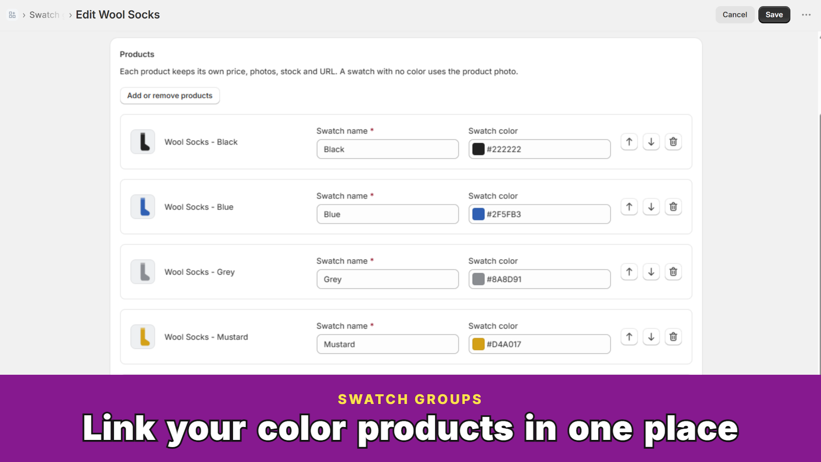 Group editor in the app: a swatch name and color for each product