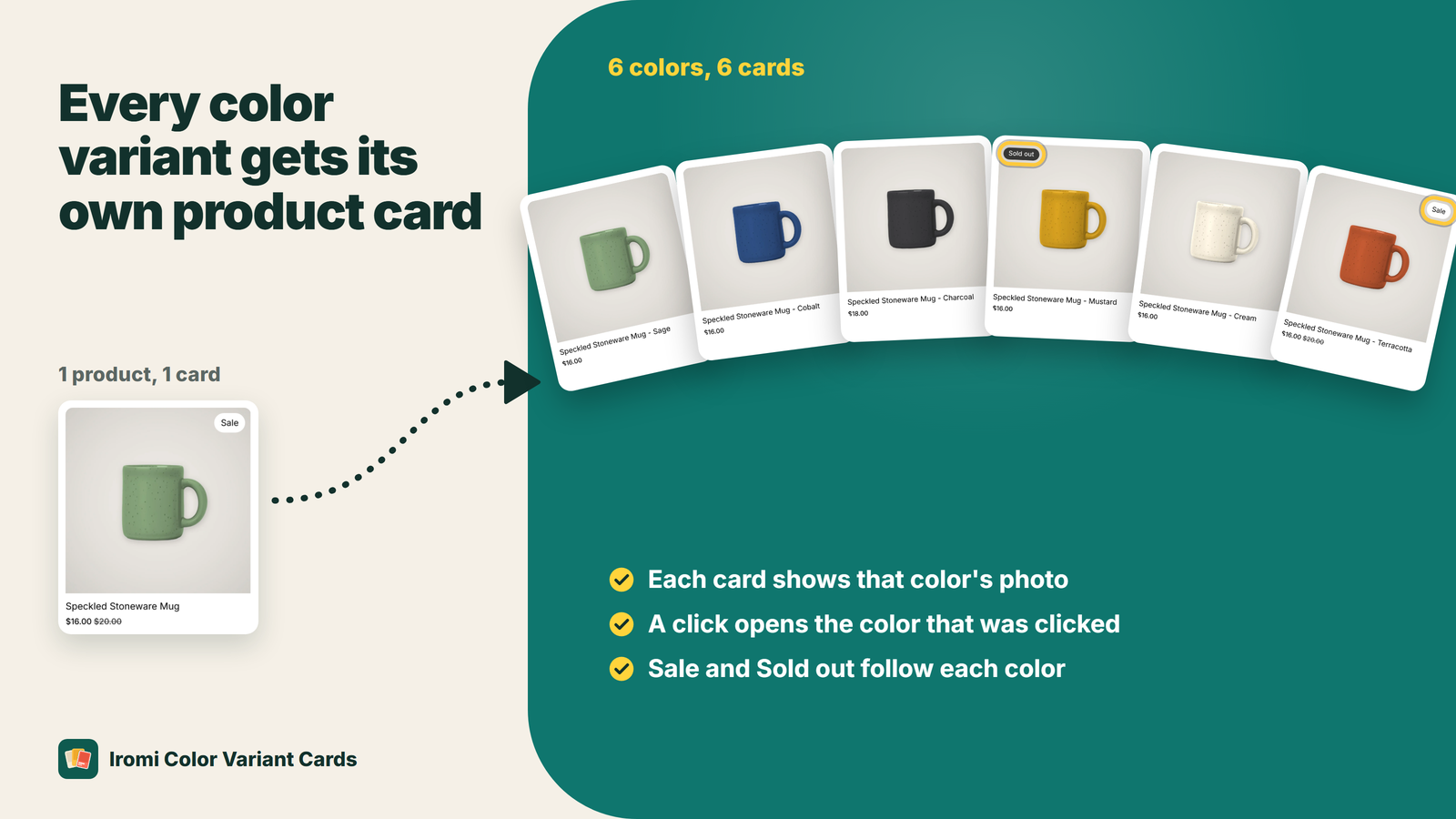 One mug product card fanning out into six color cards