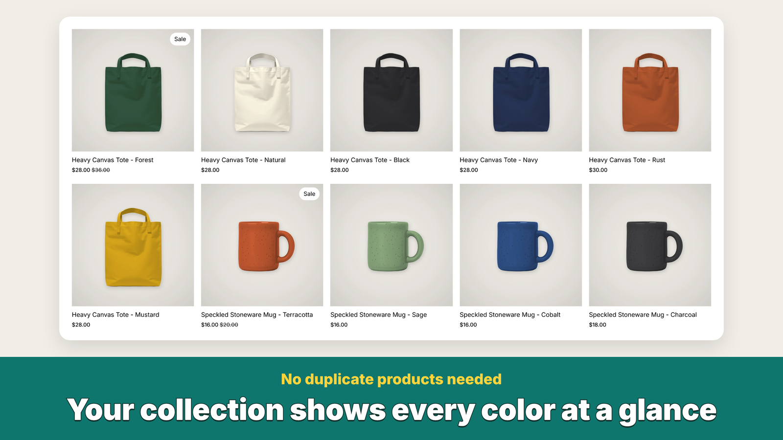 Collection page: each tote and mug shows one card per color