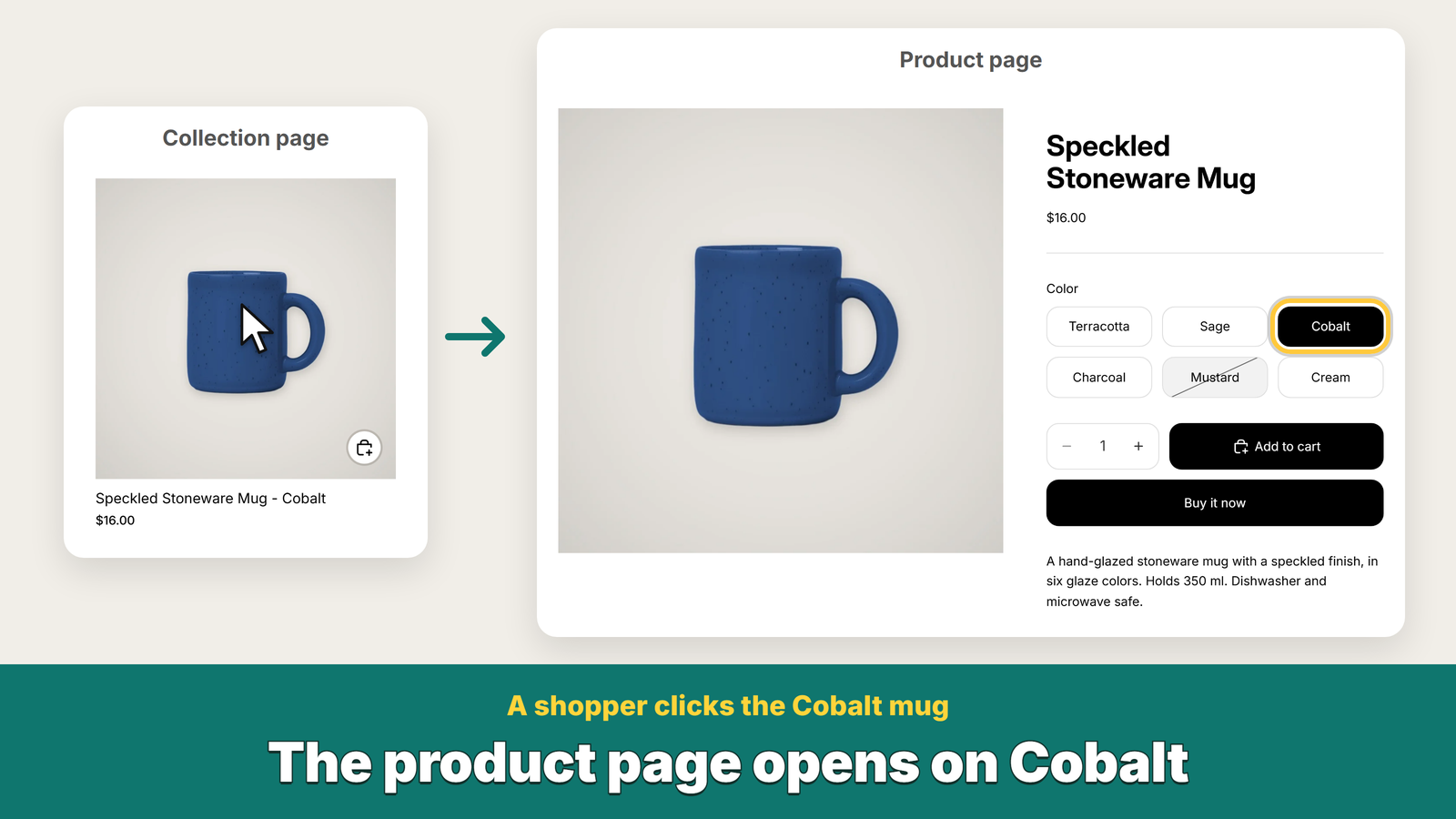 Clicking the Cobalt mug card opens the mug with Cobalt selected