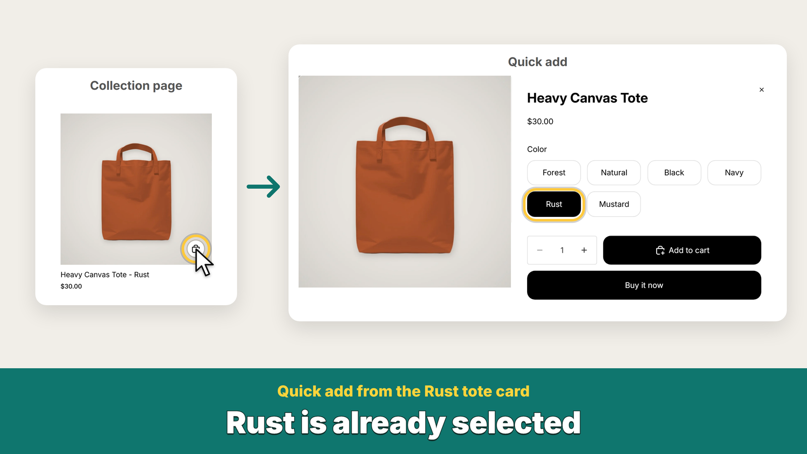 Quick add from the Rust tote card has Rust selected