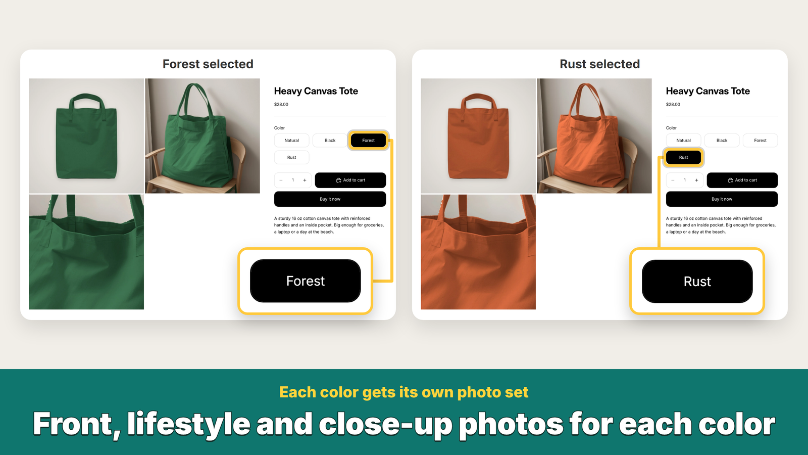 Forest and Rust tote pages, each showing only its own photos