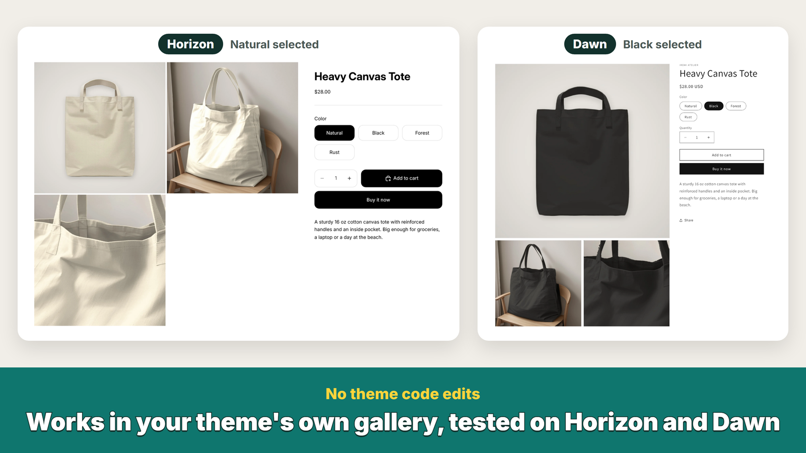 Horizon and Dawn product pages, each showing one color's photos
