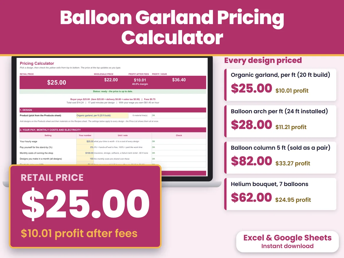 The Balloon Garland Pricing Calculator workbook open on a laptop, with the price at the top