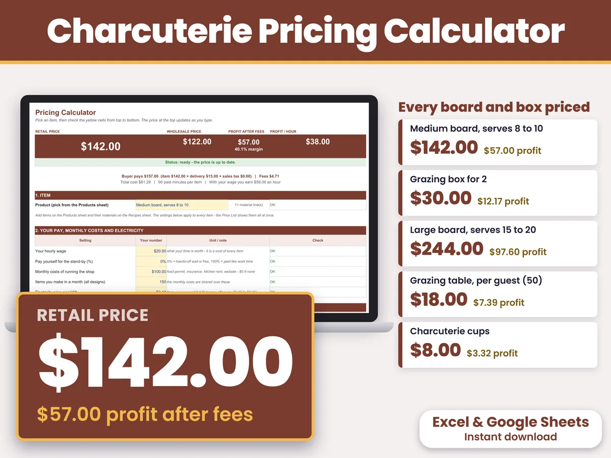 The Charcuterie Pricing Calculator workbook open on a laptop, with the price at the top