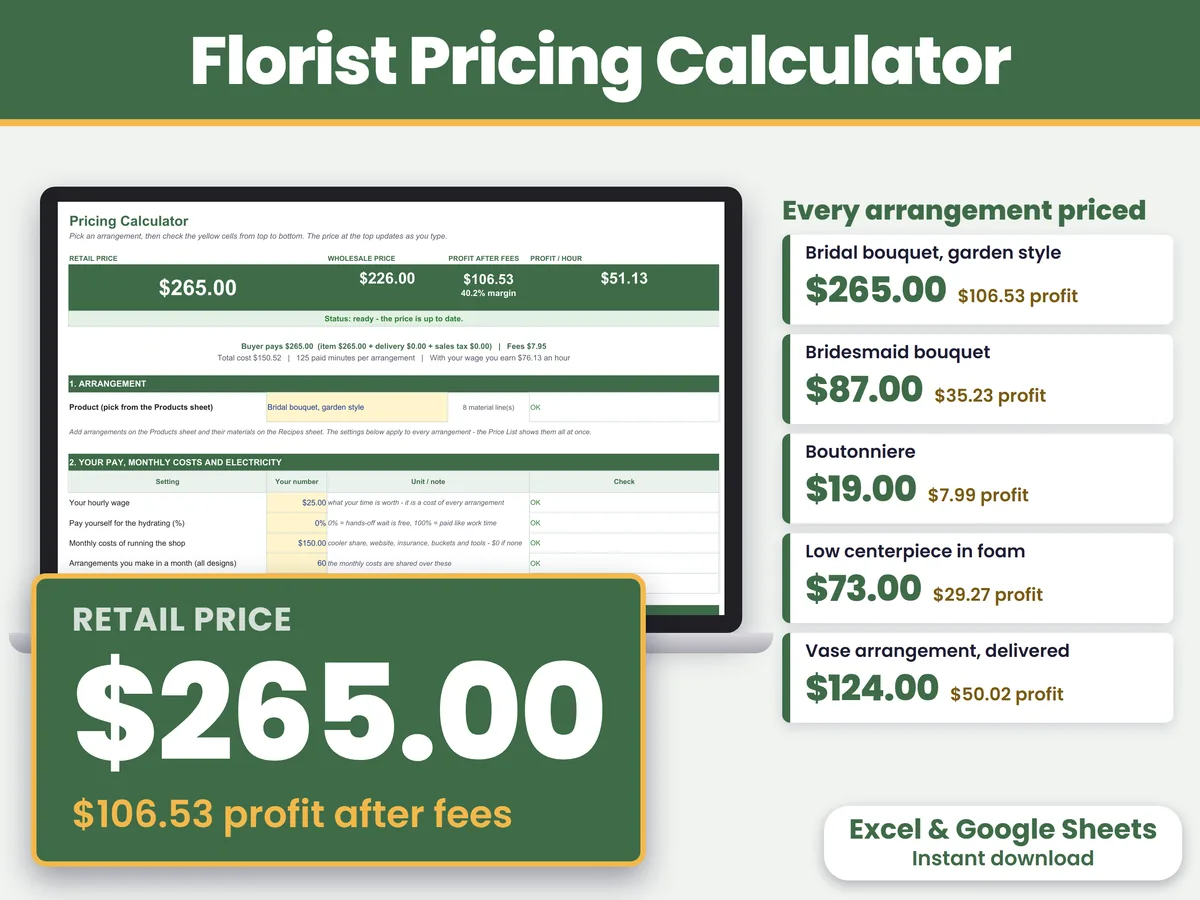 The Florist Pricing Calculator workbook open on a laptop, with the price at the top