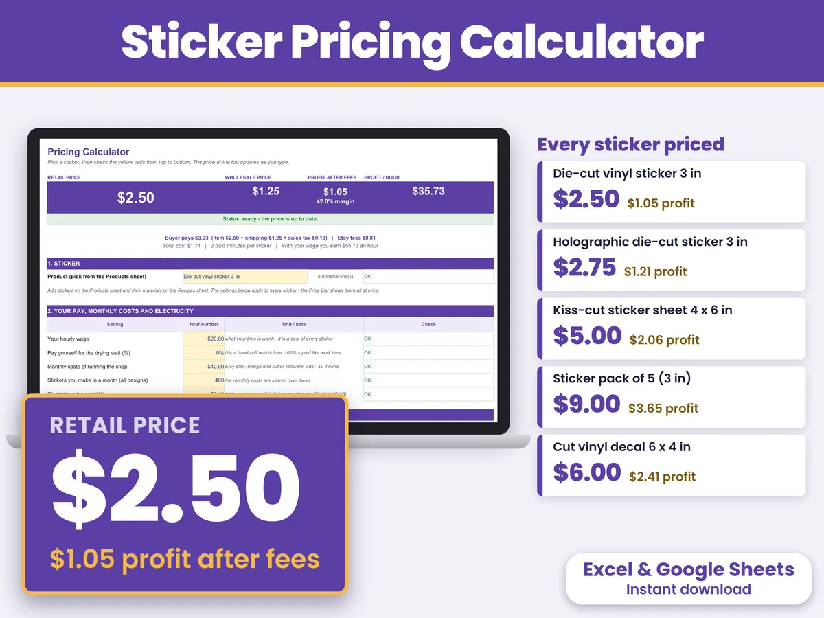 The Sticker Pricing Calculator workbook open on a laptop, with the price at the top