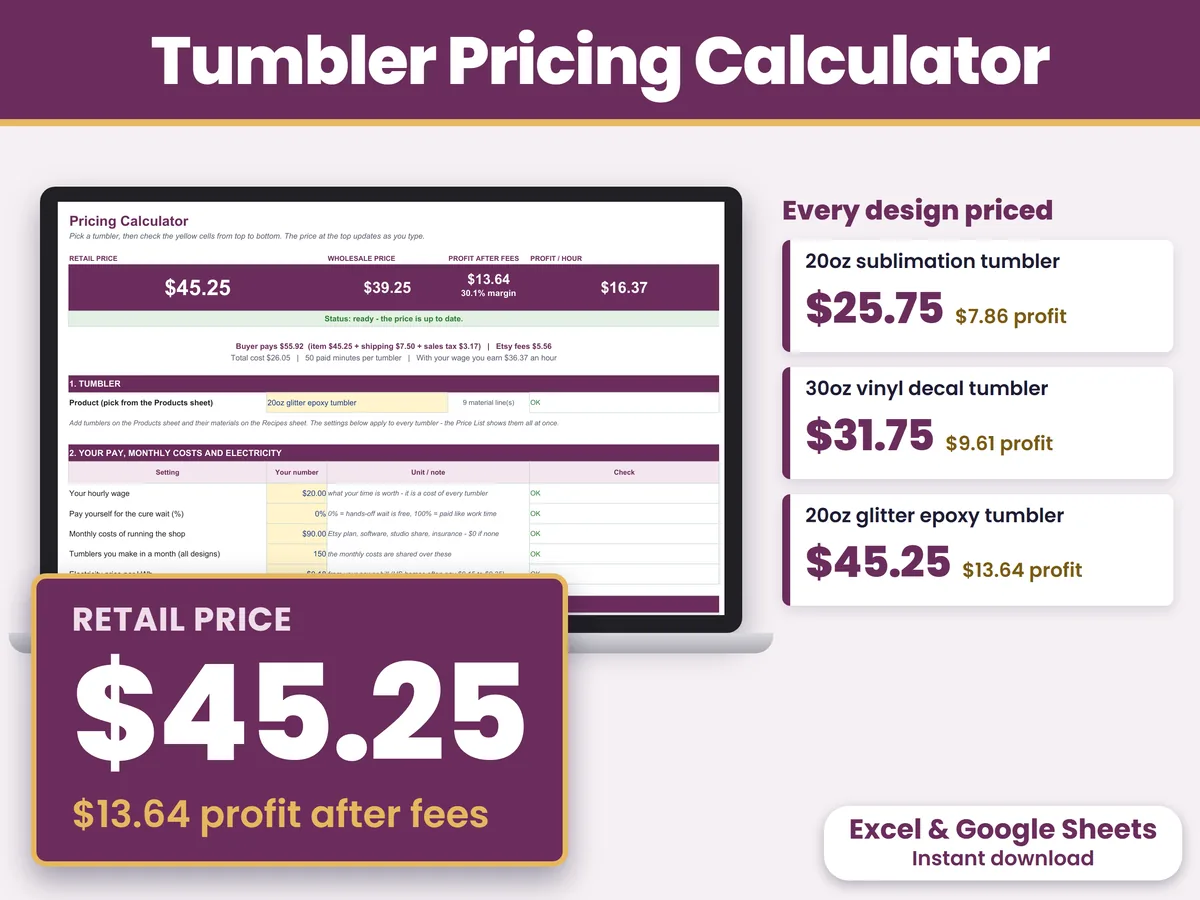 The Tumbler Pricing Calculator workbook open on a laptop, with the price at the top