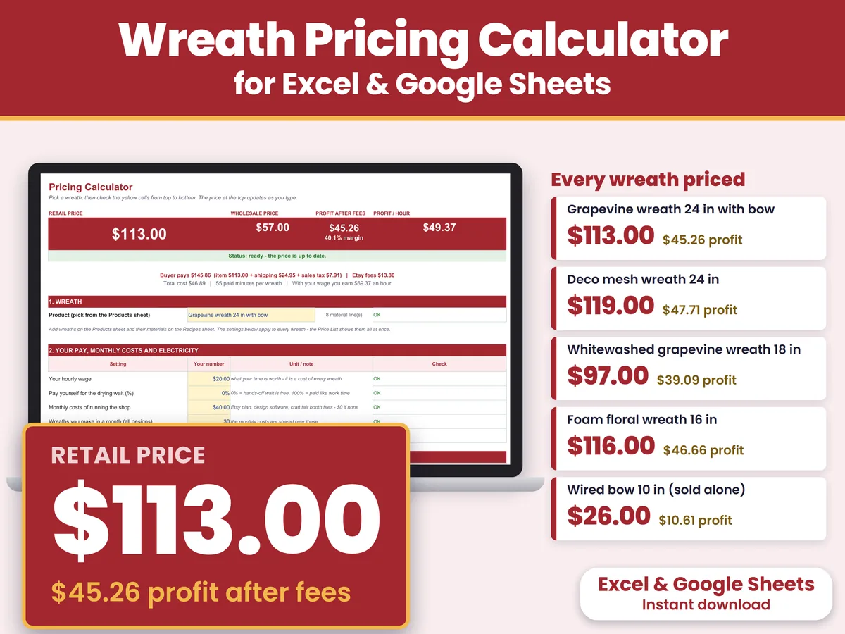 The Wreath Pricing Calculator workbook open on a laptop, with the price at the top